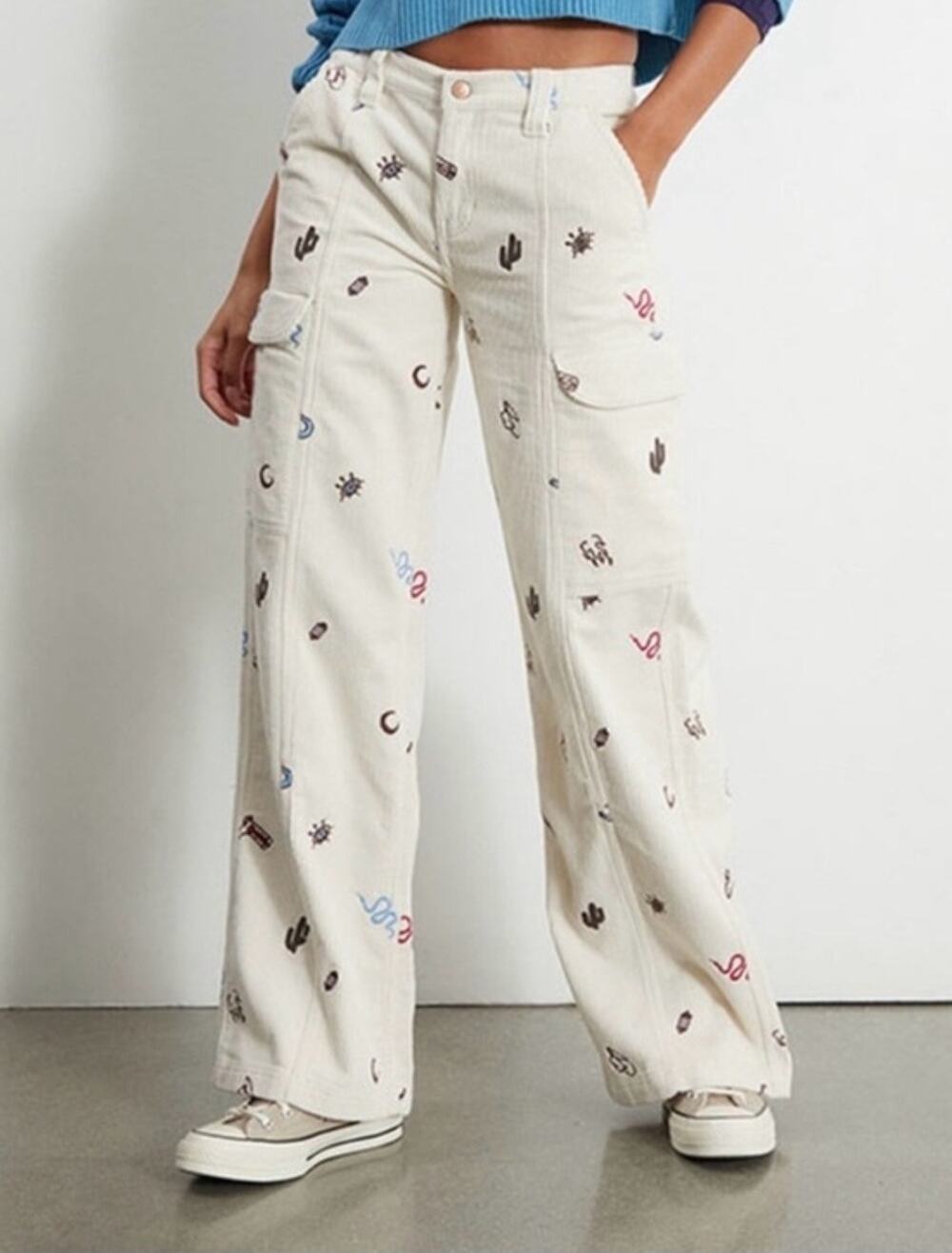 Pac Sun Baggy Cargo Desert Cowboy embroidered corduroy pants Size XS Western